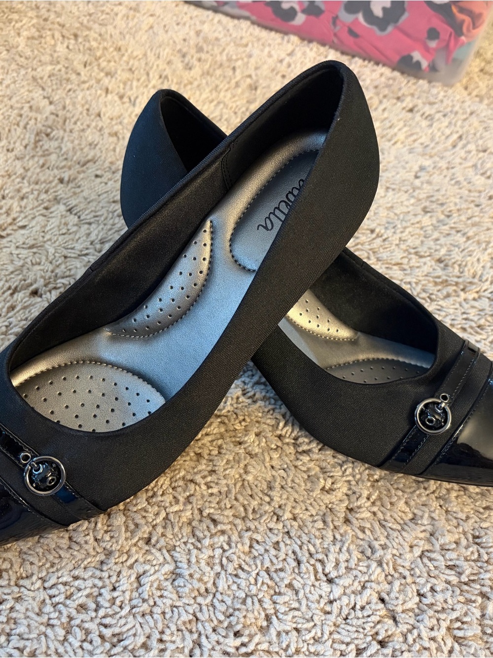 Abella Black Low Heel Ballet Flats with Patent Toe and Buckle Accent